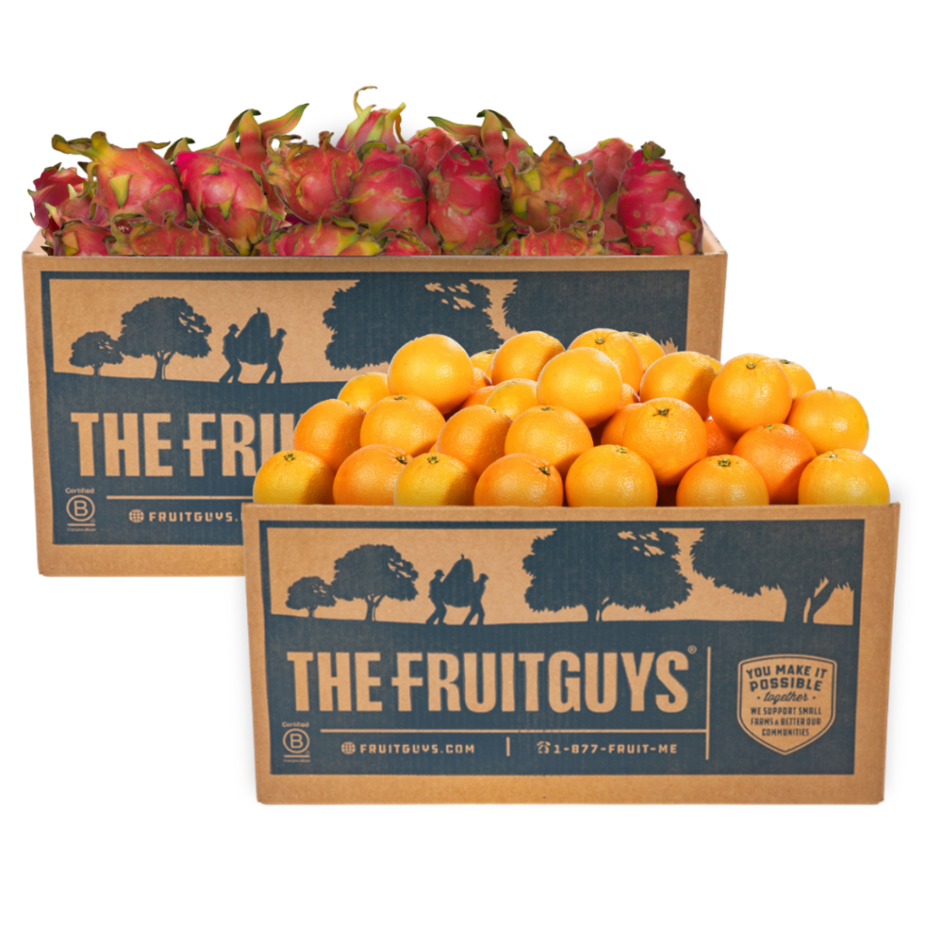Boxes of bulk fruit; dragon fruit and oranges
