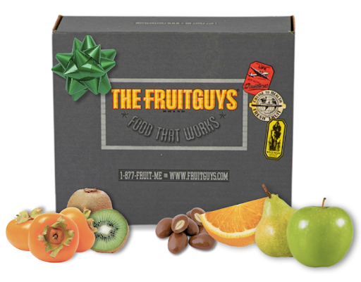 The FruitGuys Food That Works -877-FRUIT-ME WWW.FRUITGUYS.com Wellness Box with fruit and chocolate-covered nuts