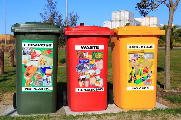 Compost (No Plastic), Waste (All Plastic Bags), and Recycle (No Cups) cans outside