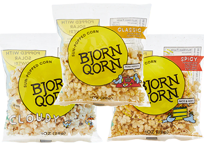 Three flavors of BjornQorn popcorn