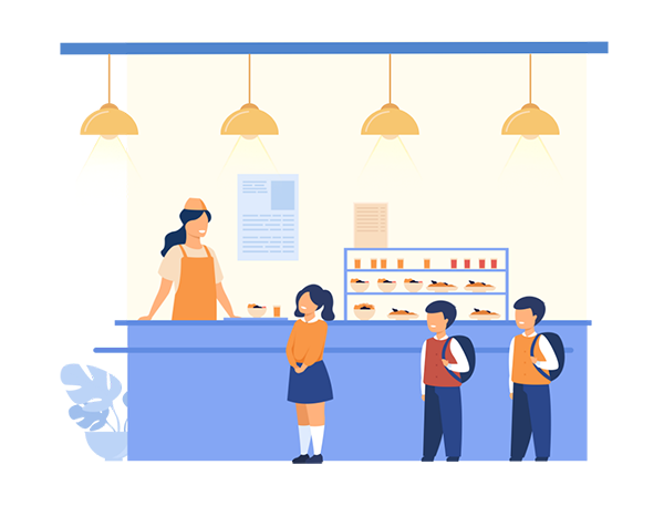 Drawing of cafeteria, students getting meals from staff, poster and flyer in the background