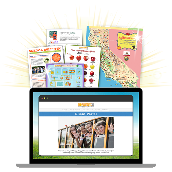 Laptop showing The FruitGuys Farm-to-School-Program Client Portal, nutrition education materials emerging from the top
