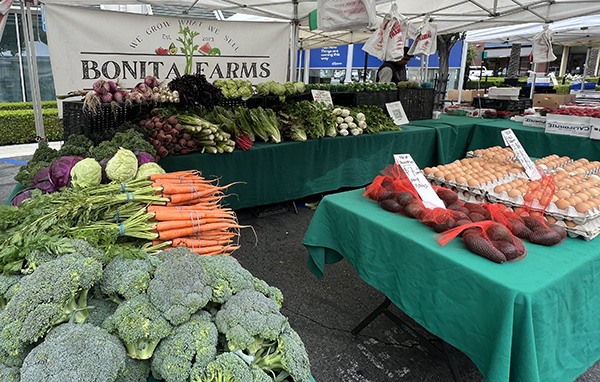 Farmers market stand full of fresh vegetables, Bonita Farms sign