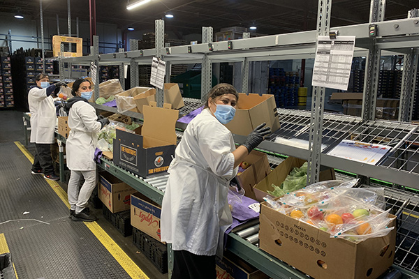 Workers in protective food safety gear packing produce on a production line