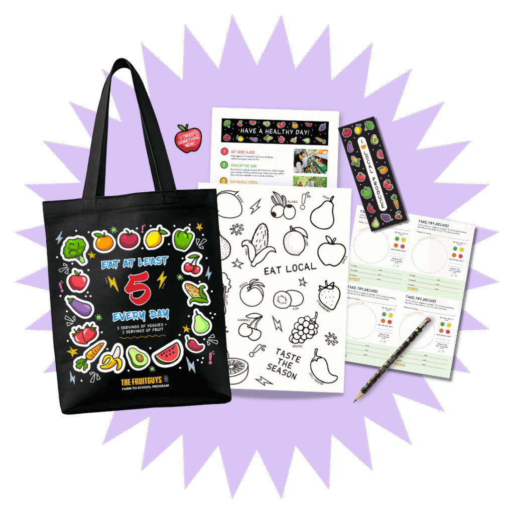 Tasting kit items against purple background: tote, folder, flyer, scoring sheet, bookmark, pencil, sticker