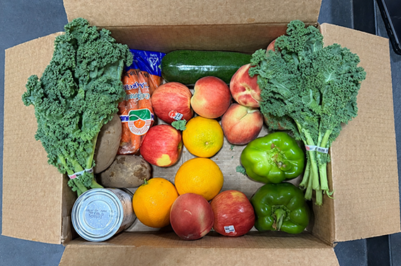 Box of fresh fruit, veggies, and beans